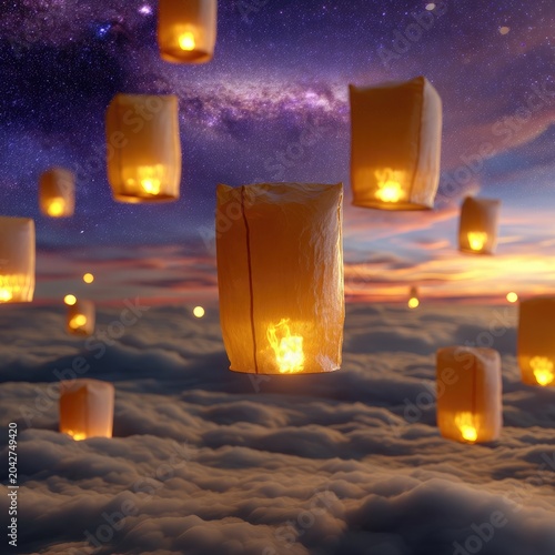 Magical Lanterns Floating in Enchanted Night Sky Above Dreamlike Clouds and Stars