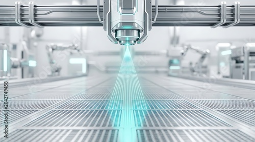 Futuristic industrial laser manufacturing machine scanning a grid floor in a high-tech smart factory laboratory