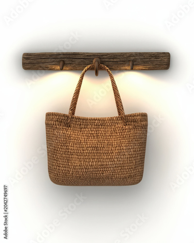 Woven market bag rustic hook wooden rail hanging basket straw tote natural fiber brown bag wall decor