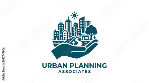 Quadro su tela Vector illustration of a hand holding a city landscape with roads and trees, representing urban planning and development