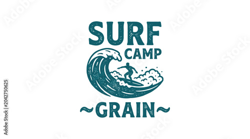 Картината върху платно Surf camp logo with surfer riding a wave, vintage distressed graphic element