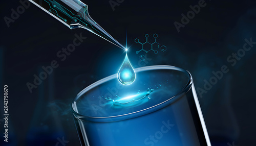 High-Tech Robotic Pipette Dropping Glowing Blue Liquid into Beaker with Molecule Icon Dark Background