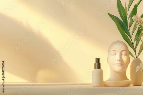 Skincare routine, serene studio scene with face model and lotion bottle in warm light