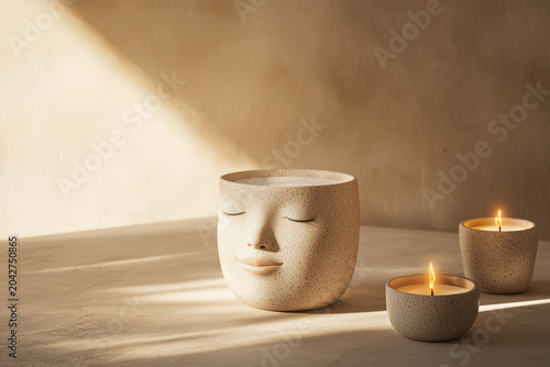 Ceramic face candle holder with soft warm light and calm spa mood in minimal interior