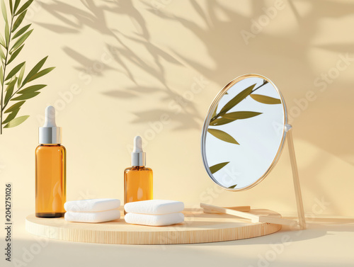 Simple skincare flat lay with natural oil bottle, mirror, cotton pad and soft leaf shadow on beige background