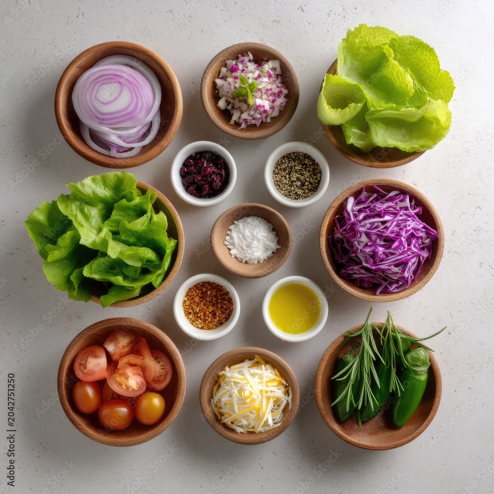 Obraz premium Fresh Ingredients for Healthy Salad Preparation Featuring Colorful Vegetables and Toppings in Wooden Bowls