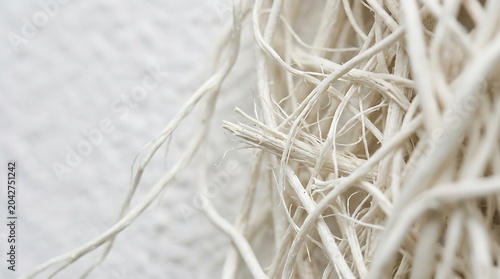 Macro close-up of natural white hemp or flax fiber bundle texture