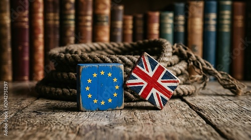 Wooden blocks with European Union and United Kingdom flags on a rustic table with old books, symbolizing Brexit