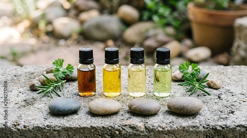 Four essential oil bottles with fresh herbs and stones on a stone surface in a garden