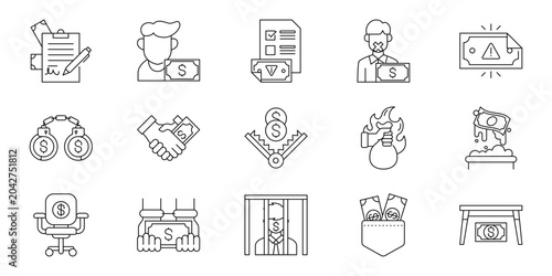 Bild auf Leinwand Modern business and financial crime outline icons depicting legal issues, money