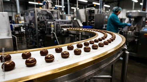 Chocolate truffles moving on a conveyor belt in a modern food production factory