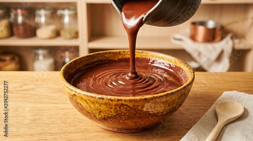 Melted dark chocolate pouring into a rustic ceramic bowl on a wooden kitchen counter