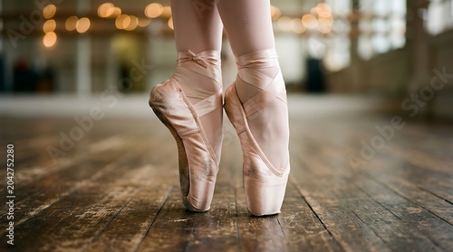 Close-up of a ballerina's feet standing en pointe in pink satin pointe shoes on a rustic wooden dance floor