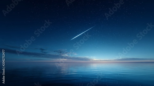 shooting star in evening sky, over water. Clean background