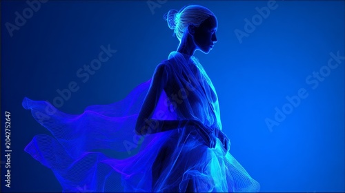 Stick figure, Beautiful female in monochromatic layers of purple chiffon and satin clothes