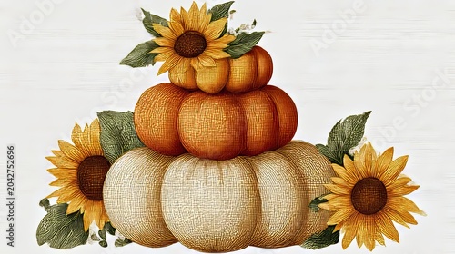 sticker of three stacked pumpkins with sunflowers on top