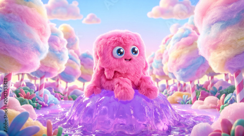 High-definition 3D illustration of a cute, fluffy pink monster with big blue eyes sitting on a glossy purple jelly mountain within a whimsical cotton candy landscape forest.