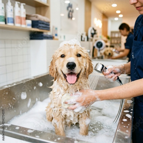 Adorable golden retriever puppy covered in soap bubbles during a bath at a modern pet grooming salon.