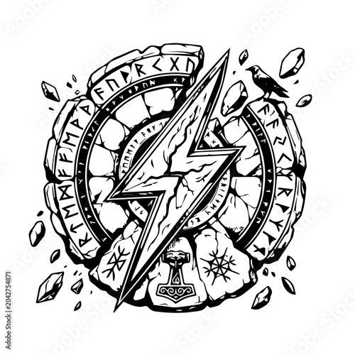  Black and White Lightning Bolt Emblem SVG - Tribal Storm Vector Graphic for Tattoos and Logos