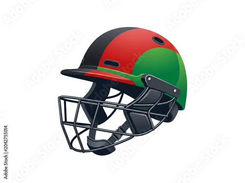 3D Render Isolated Cricket Helmet with Red and Green Protective Grille on Transparent Background