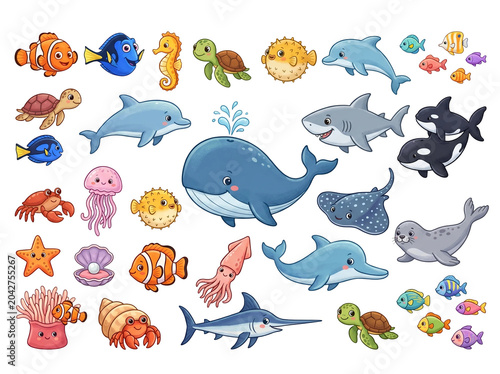 Colorful Sea Creatures and Marine Life Collection in Flat Cartoon Style Illustration