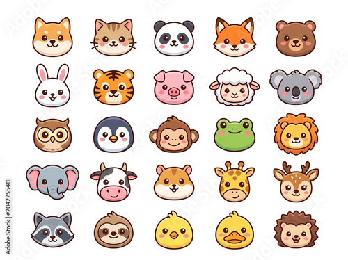 Collection of colorful cartoon animal faces in flat design vector illustration set