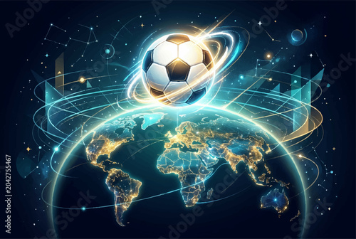 flat vector illustration of a football floating above planet Earth