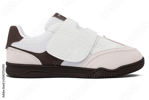 Khaki brown combination casual shoes without laces with black soles isolated on white background