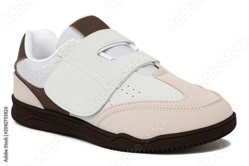Khaki brown combination casual shoes without laces with black soles isolated on white background