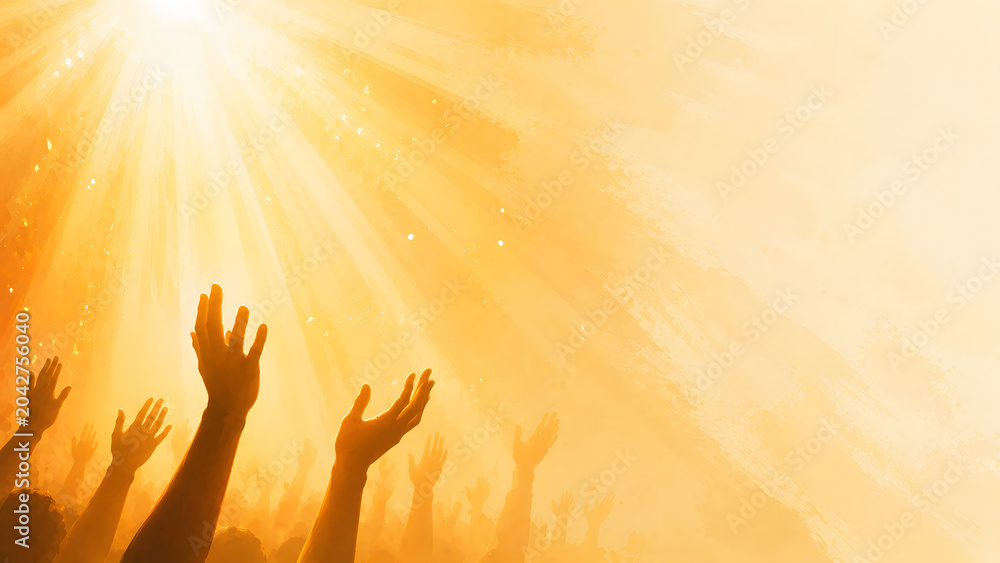 Fototapeta premium Pentecost worshippers raising hands toward the Holy Spirit and heavenly light