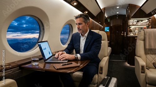 Businessman using laptop in luxury private jet cabin interior.
