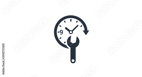 Minimalist clock and wrench icon for maintenance and repair service