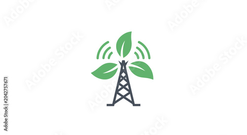 Minimalist eco friendly telecommunication tower icon with green leaves