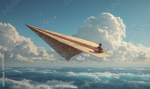 Adventurer Riding a Giant Paper Airplane Over the Ocean