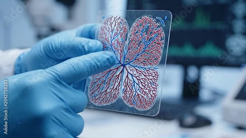 Scientist holding transparent slide with blood vessel model