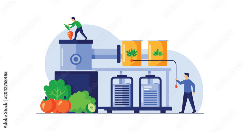 Obraz premium Workers in a modern industrial facility processing fresh vegetables like carrots and tomatoes for food production.