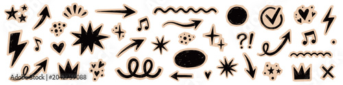Paper element scrapbook sticker set. Hand drawn paper collage sticker notebook line crayon arrow star texture. Cute grunge doodle crown lightning diary note punk retro background. Vector illustration