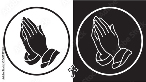 Praying Hands Icon With Cross On White And Black Background For Religion Spirituality Concepts