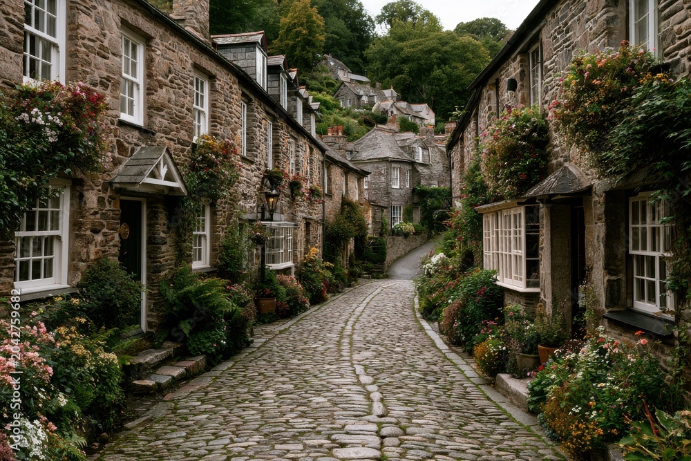Fototapeta premium Historic Cornwall village cobblestone street with charming stone houses