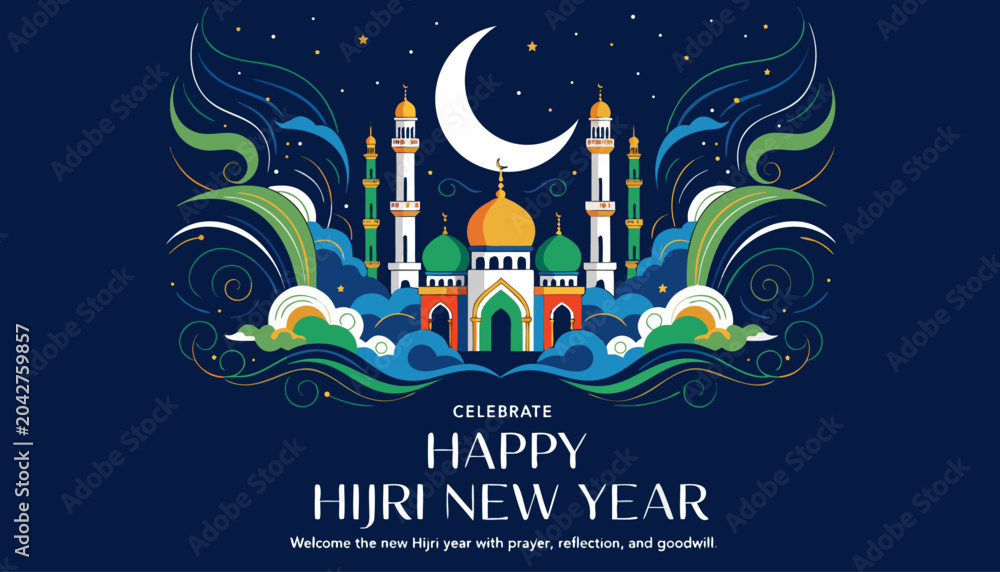 Fototapeta premium Islamic New Year vector background with mosque silhouette, crescent moon, and traditional decorative elements.