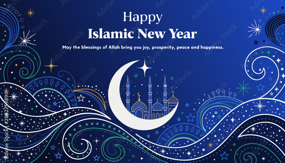 Obraz premium Islamic New Year vector illustration featuring crescent moon, lanterns, calligraphy, and spiritual celebration themes.