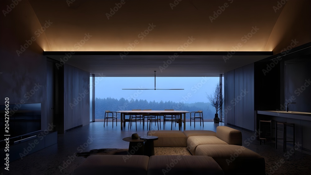 Fototapeta premium Ultra Minimalist Open Plan Living And Dining Interior With Warm LED Cove Ceiling, Monochromatic Palette, Modular Sofa And Sleek Dark Dining Chairs In Pure White Space (AI-Generated)