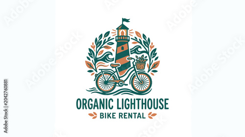Lighthouse bike rental logo with coastal elements and foliage, vintage graphic illustration.