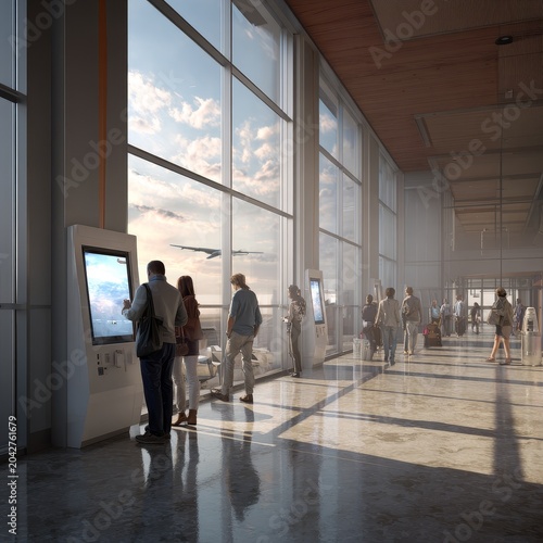 People using self-service kiosks at airport gate near large window with planes.