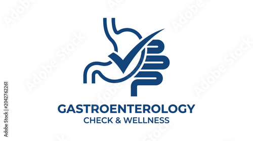 Gastroenterology check and wellness vector logo with stomach and intestines illustration