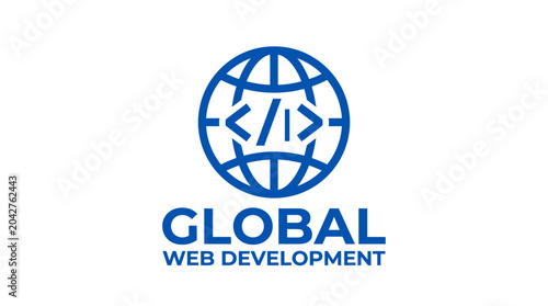 Global web development logo with globe and code symbol, vector illustration.
