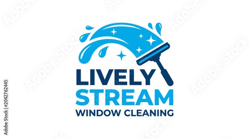 Window cleaning logo with squeegee, water splash, and sparkling effect
