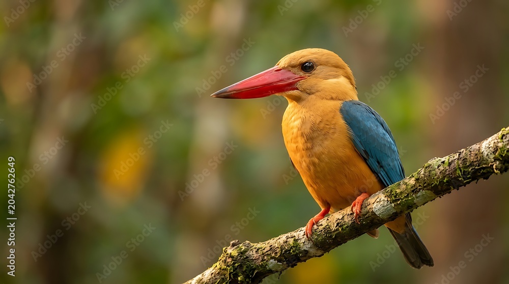 Fototapeta premium Kingfisher bird perched on a branch in blurry green nature
