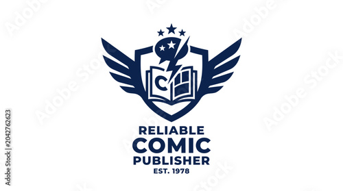 Quadro su tela Vector emblem for a comic book publisher with open book and lightning bolt graph