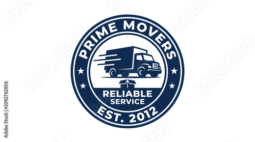 Moving truck logo with motion lines and stars, emblem for logistics and delivery services